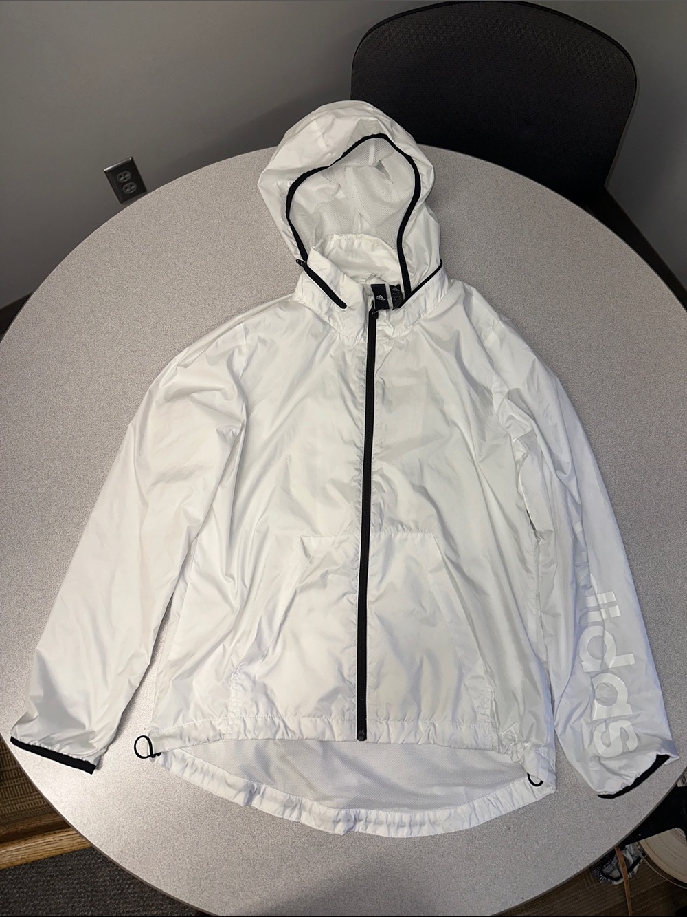 adidas White Hooded Windbreaker with Black Accents and zip away hood women’s S